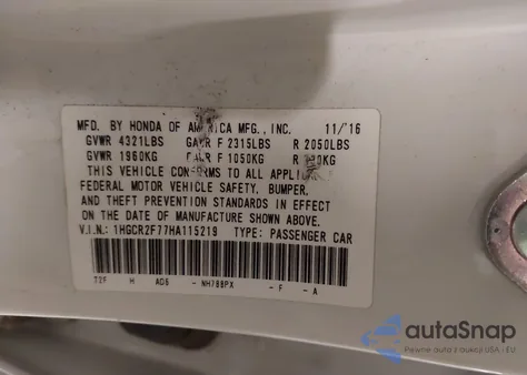 2017 Honda Accord Ex из США, поврежденный, VIN 1HGCR2F77HA115219